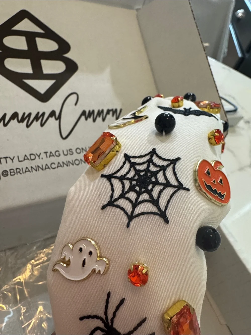 White Halloween Pumpkin Gem Embellished Padded Headband